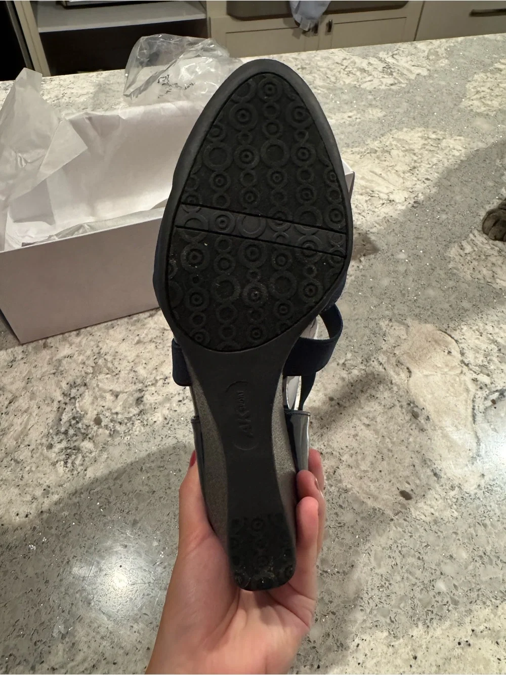NWB Anne Klein Navy Wedge Dress Shoe with Elastic Cross Straps